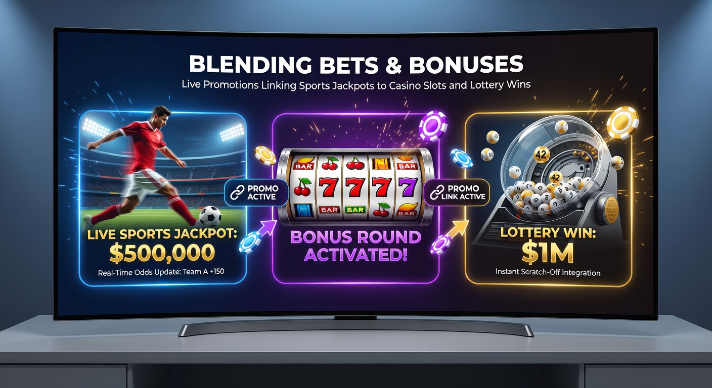 Schermafbeelding van een live promotie met sportweddenschappen gekoppeld aan roterende casino slots en loterijballen, illustrerend de blending van betting en jackpots