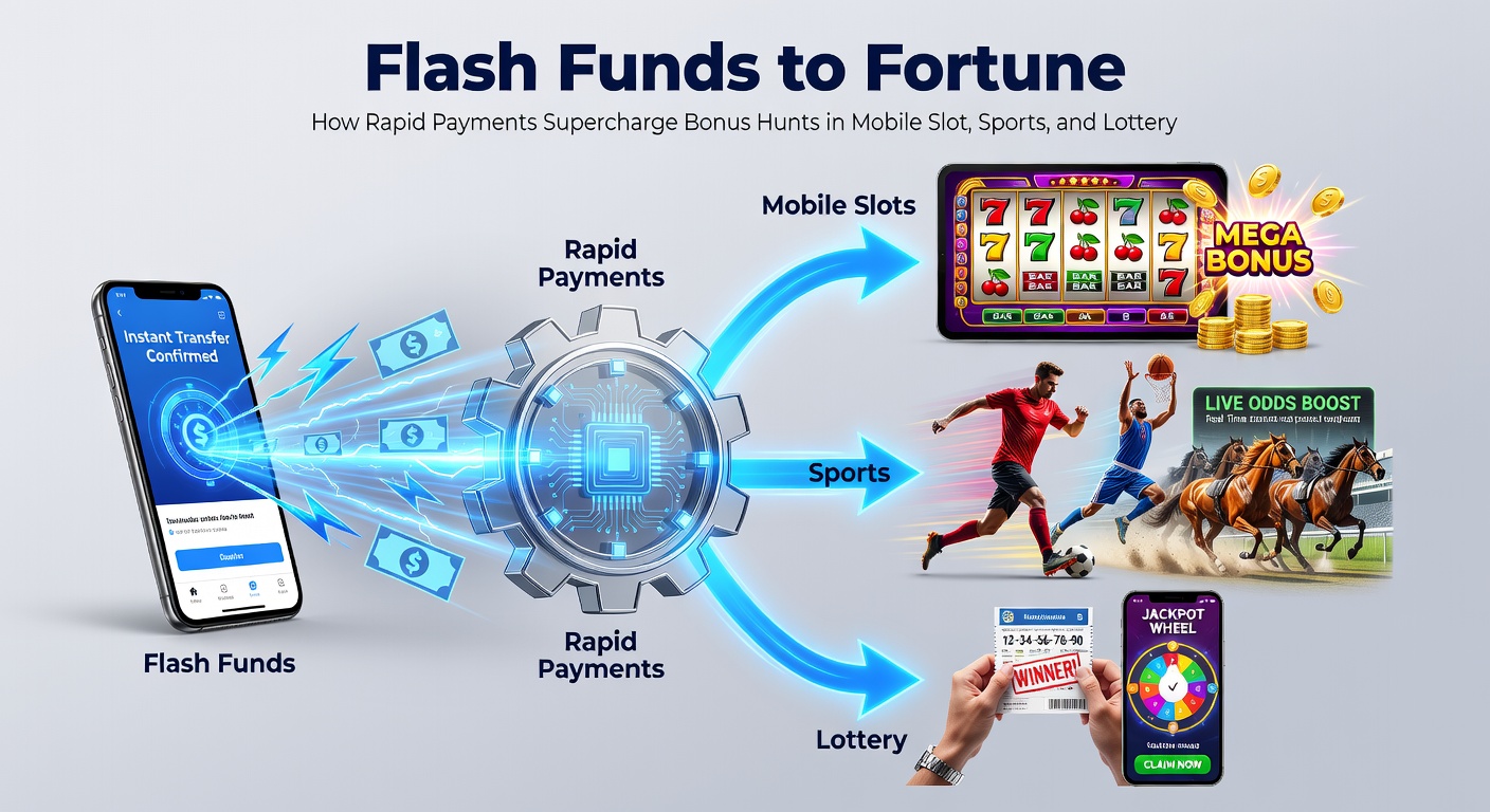 Dynamisch scherm met sportweddenschap, slotbonus en loterijticket naast een flitsende betaalicoon