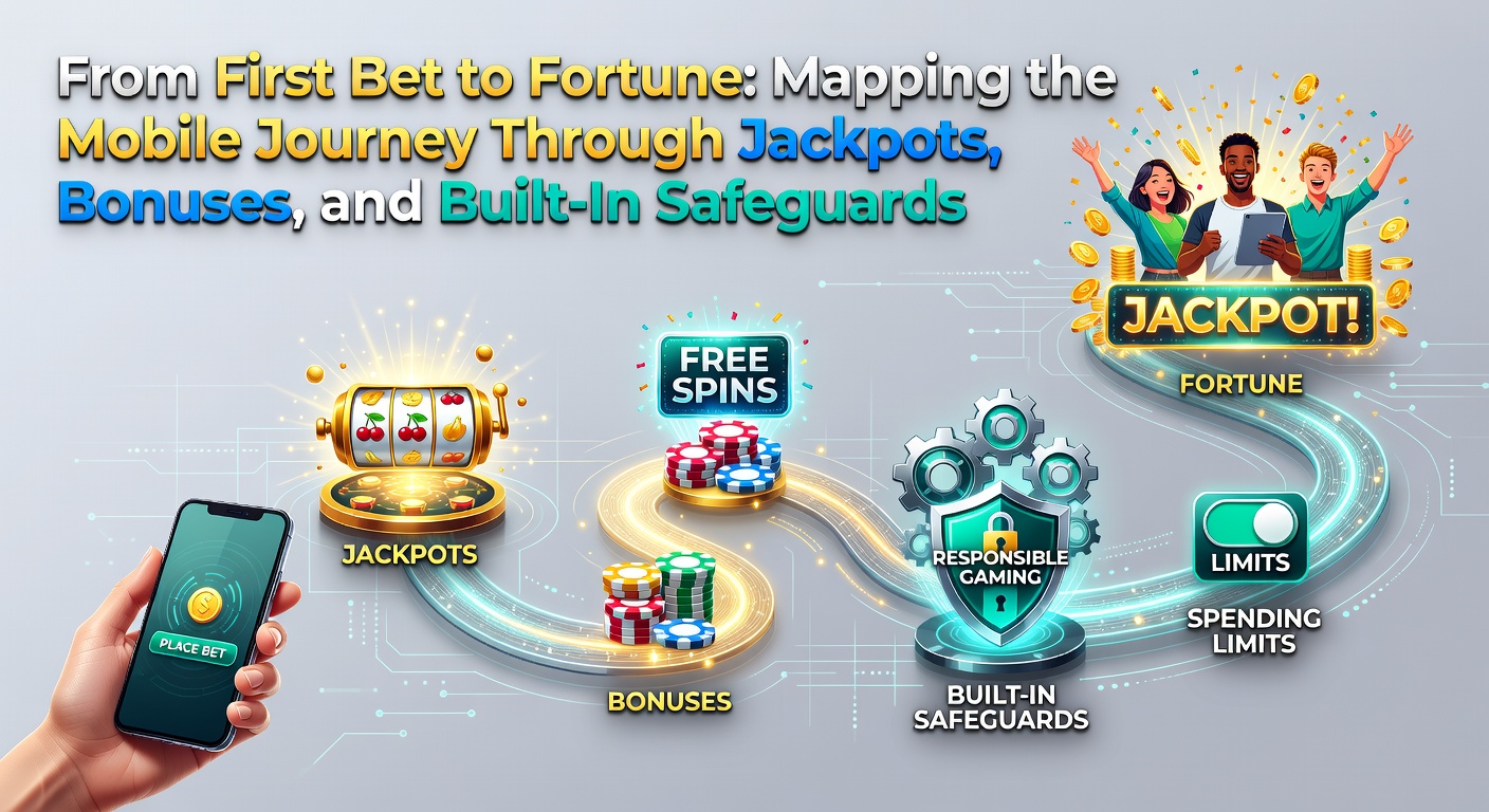 Mobiele gokschermen met jackpots en bonusaanbiedingen die de reis van eerste inzet tot grote winsten illustreren