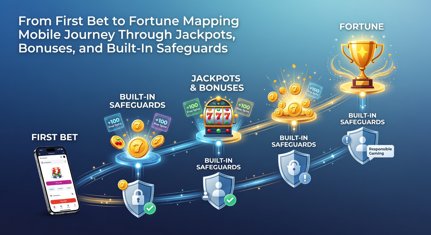 Grafiek van een mobiele gokreis met pijlen van eerste bonus naar jackpotwinst, inclusief safeguard-iconen zoals sloten en timers