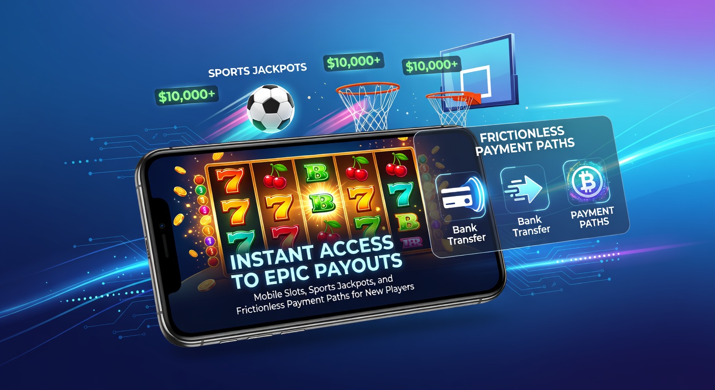 Smartphone met draaiende mobiele slot en jackpot-symbolen die oplichten tegen een achtergrond van sportevenementen en snelle betaaliconen