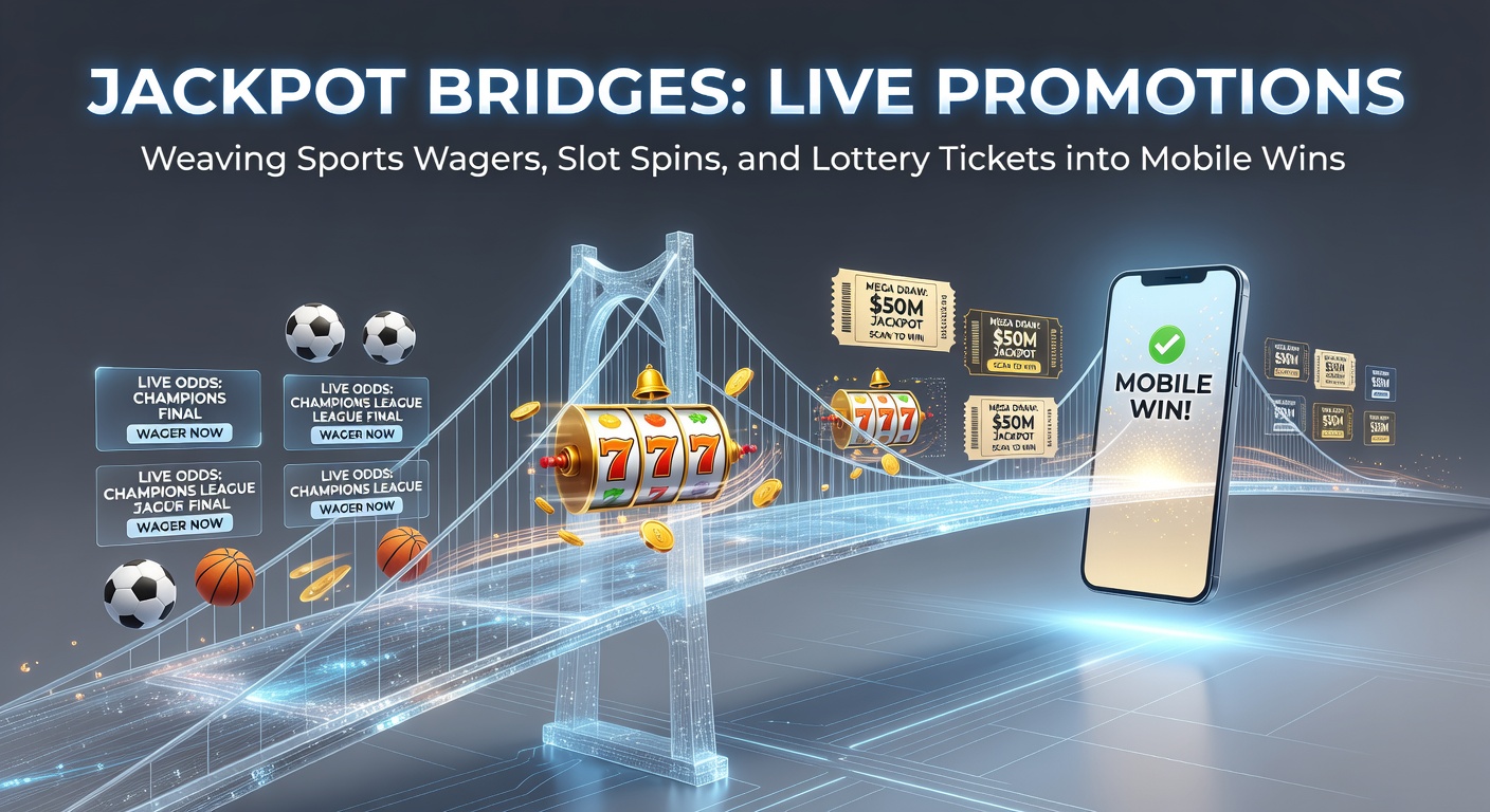 Mobiele app met live promotie die sportweddenschap, slotmachine en loterijkaart toont in een brugvormige jackpotverbinding
