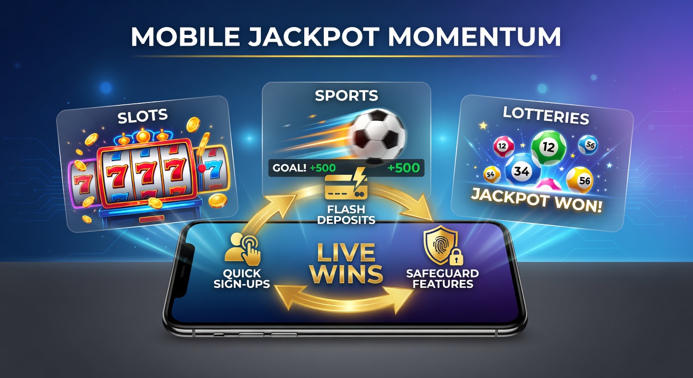 Smartphone met mobiele gokapp die snelle registratie en jackpotwinst toont, met slots en sportevenementen op het scherm