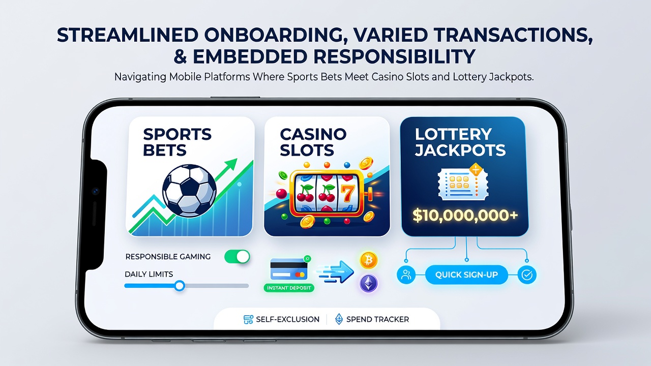 Overzicht van een mobiele app die sportweddenschappen, slots en loterijopties combineert met snelle aanmeldingsopties