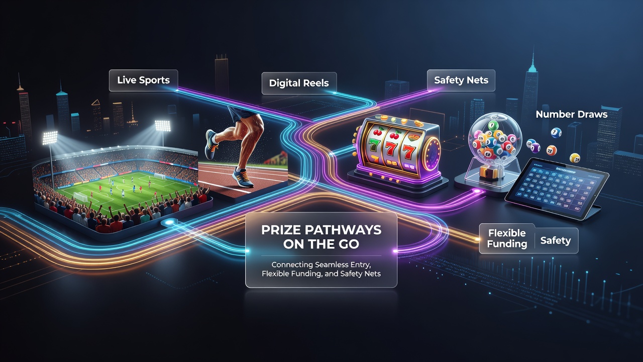 Mobiele interface die live sportweddenschappen, digitale reels en nummerloterijen met flexibele betalingen en veiligheidsopties verbindt