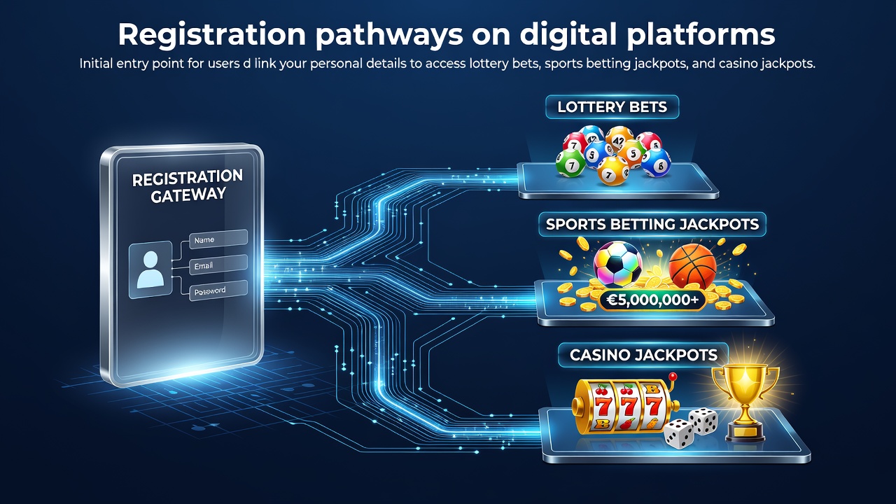 Illustratie van registratieprocessen op digitale gokplatforms die spelers verbinden met loterijbets, sportjackpots en casinospellen