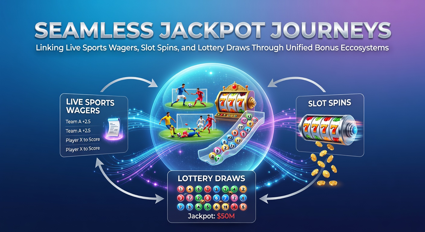 Grafische weergave van verbonden bonuspaden tussen sportweddenschappen, gokkasten en loterijen, met stromende jackpotlichten en naadloze overgangen