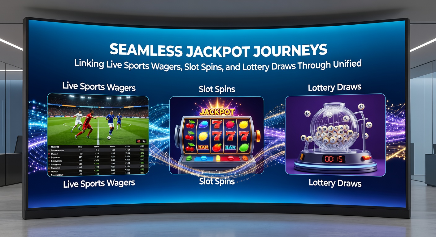 Voorbeeld van een mobiel scherm met naadloze bonusovergang van sportweddenschap naar slotspin en loterijentry, inclusief jackpotmeter