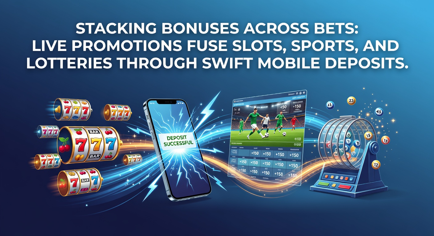 Grafische weergave van gestapelde bonussen die slots, sportweddenschappen en loterijen verbinden via mobiele stortingen