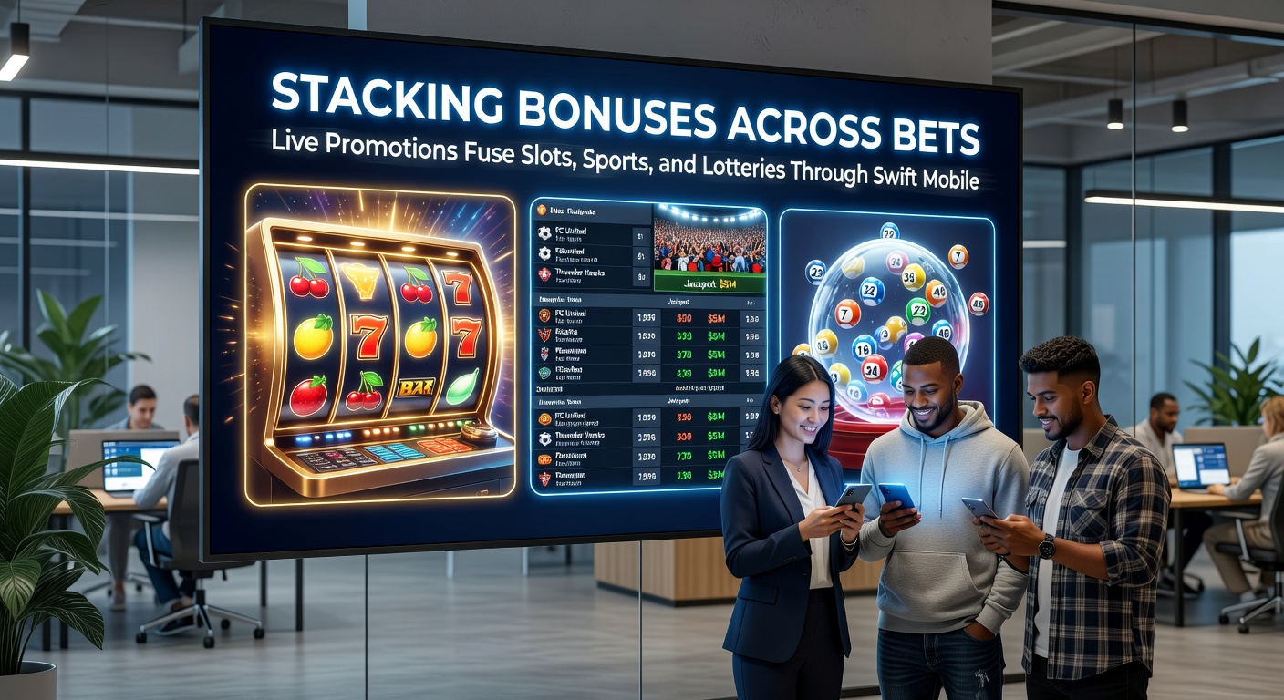 Voorbeeldscherm van een live promotie met gestapelde bonussen voor sport, slots en loterij op een mobiel apparaat
