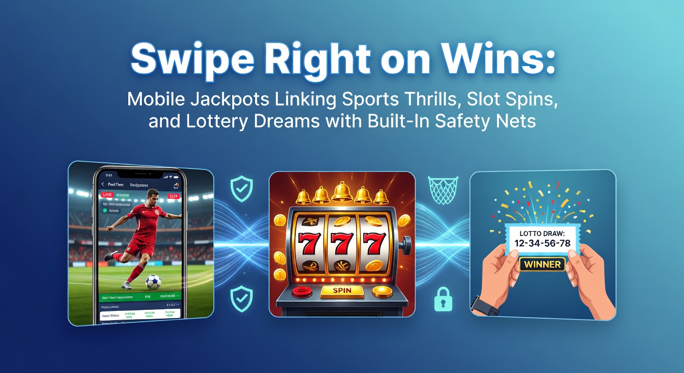 Smartphone met overlay van sportweddenschappen, draaiende slots en loterijballen, gekoppeld aan een veiligheids icoon zoals een schild en limietknoppen