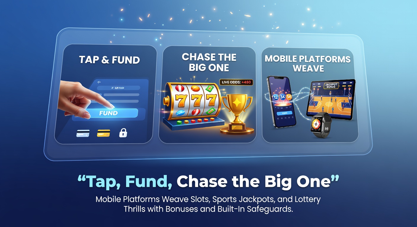 Mobiele app-schermen met slots, sportweddenschappen en loterijjackpots, inclusief bonusaanbiedingen en veiligheidsfuncties