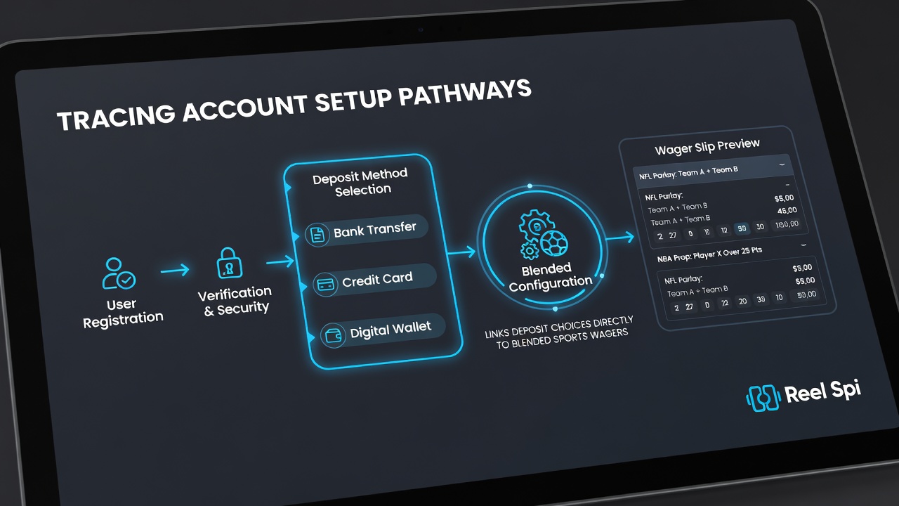 Diagram van betalingsroutes die accountsetup verbinden met sport-, slot- en loterijactiviteiten